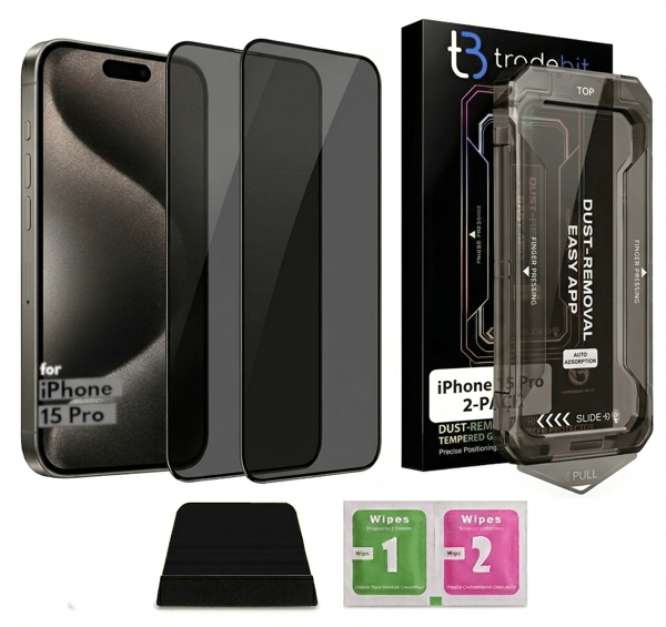 2-pack insynsskyddande härdat 9H-glas med applicator för iPhone 15 Pro