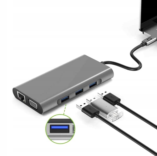 USB-C Hub-adapter HDMI 4K, VGA, Gigabit LAN, 3x USB 3.0, microSD och PD