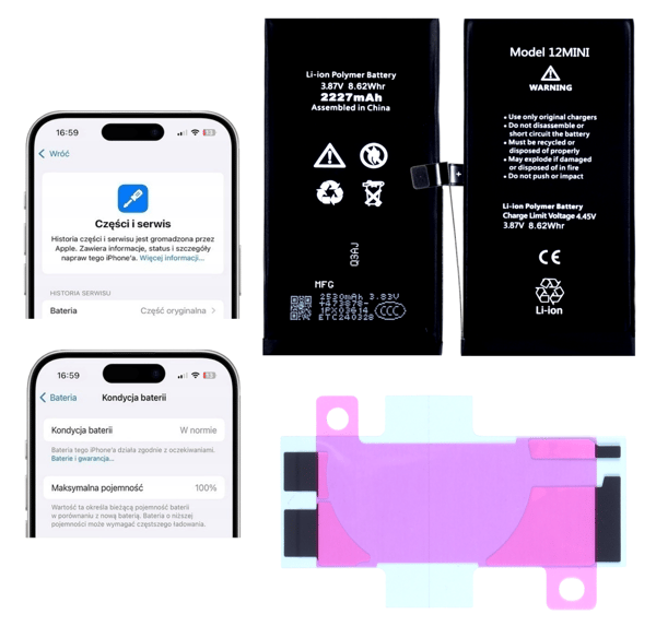 Batteri till iPhone 12 Mini 2227 mAh diagnostiskt med självhäftande tejp