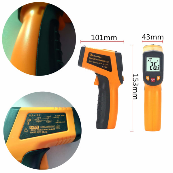 Laser Infraröd Termometer Pistol Digital Termometer -50-600°C Laser Punkt Mat Pistol Professionell Klass Recorder 2×AAA Ingår (Gul)