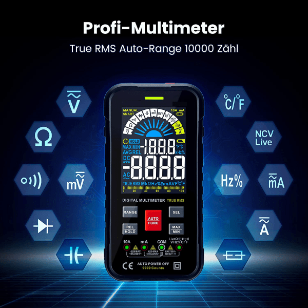 Digital multimeter med 10000 räkningar, KAIWEETS KM601 intelligent strömmätare CAT III 1000V, CAT IV 600V, True RMS Auto-Range, Mäter spänning,