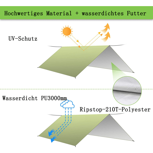 Tältpresenning 3 x 3m vattentät campingpresenning ultralätt PU3000mm regnskydd solskydd anti-UV med 5 aluminiumstift och 6 nylon för