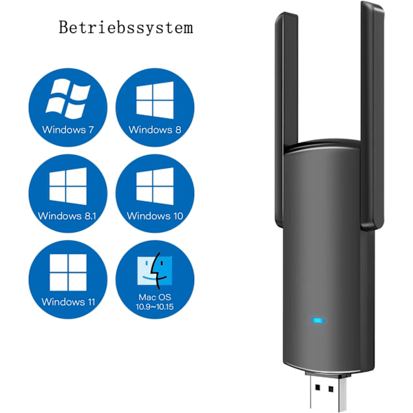 USB WLAN-stickadapter för PC AC1300 Mbit/s med högförstärkningsantenn 5 dBi 867 Mbit/s till 5 GHz och 400 Mbit/s till 2,4 GHz 802.11ac Kompatibel med