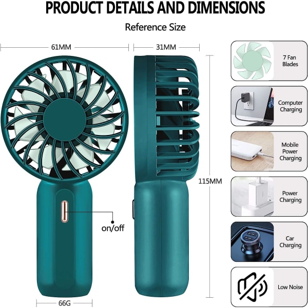 Mini USB-fläkt, bordsfläkt med 3 justerbara hastigheter, USB-fickfläkt, uppladdningsbar, ideal för sova, kontor, resor, etc. (Grön)