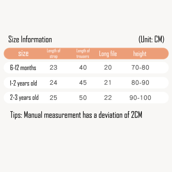 Lämpliga för 2-3 år gamla baby hängslen och byxor för att hålla värmen