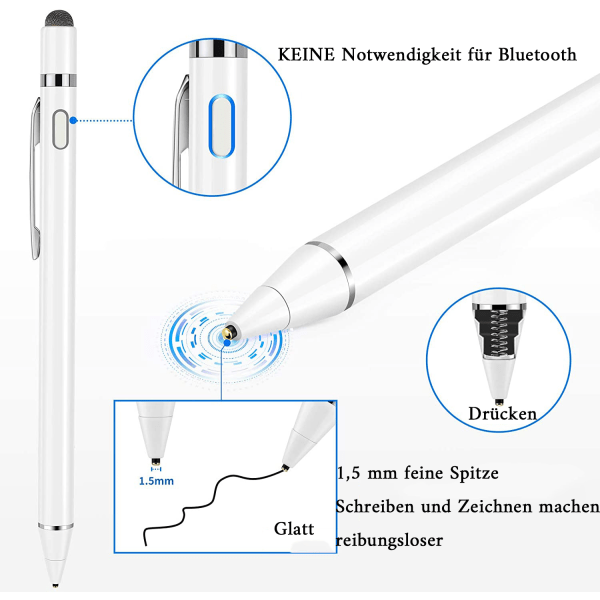 Active Stylus-penna för alla pekskärmar, 1,5 mm finspetspenna, laddningsbar Stylus-penna, kompatibel med iPad/iPhone/Huawei/Samsung-smartphones