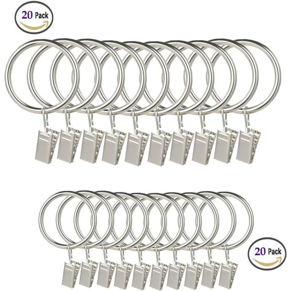 LumenTY-paket med 40 metallgardinringar med klämmor för gardiner och stolpar - 30 och 38 mm innerdiameter gardinstång Voile-nät med fasta öglor -