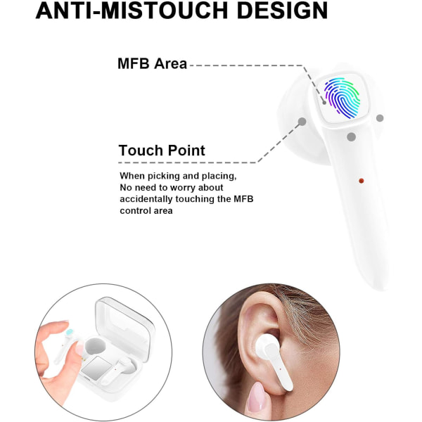 Bluetooth Earphone 5.0, HD Stereo Playback Trådlös hörlurar Trådlöst headset med mikrofon, Touch Control Bluetooth Headset för iPhone Android Smartphone