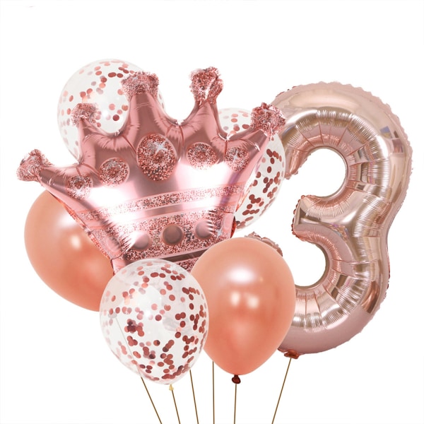 Födelsedagsdekorationer - roséguld nummerballong och kronballong,