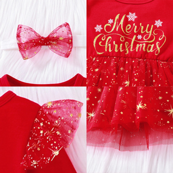 Mesh-klänning Jul söt baby gilt tryckt klänning