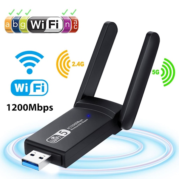 USB WiFi-adapter 1200 Mbps, USB 3.0 WiFi-adapter WiFi för PC-skrivbord Laptop med Dual Band 2.4 GHz/300 Mbps