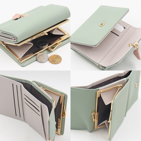 Kort plånbok för damer, trefaldig väska med hängsmycke av PU-blad, myntväska