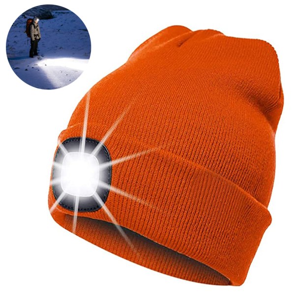 Unisex LED mössa med ljus, vinterstickad upplyst strålkastare Orange