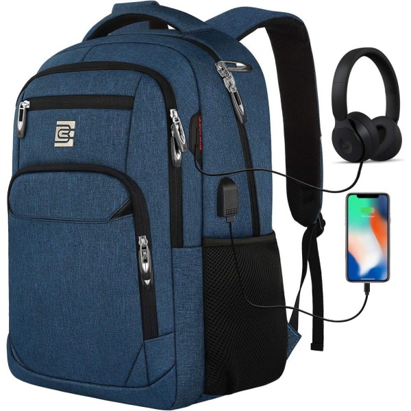 Laptopryggsäck 20" stor vattentät väska med hörlursuttag RFID-ficka för arbete/affärer/universitet/män/kvinnor Laptopryggsäck