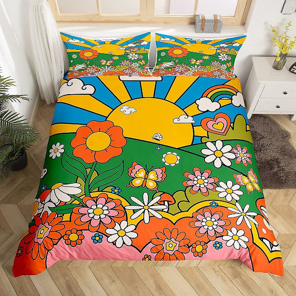Boho Sieni King Queen Pussilakanasetti Hippie Sateenkaari Vuodevaatesetti Groovy Kukka Peittopäällinen Sarjakuva Tähti Polyesteri Peittopäällinen