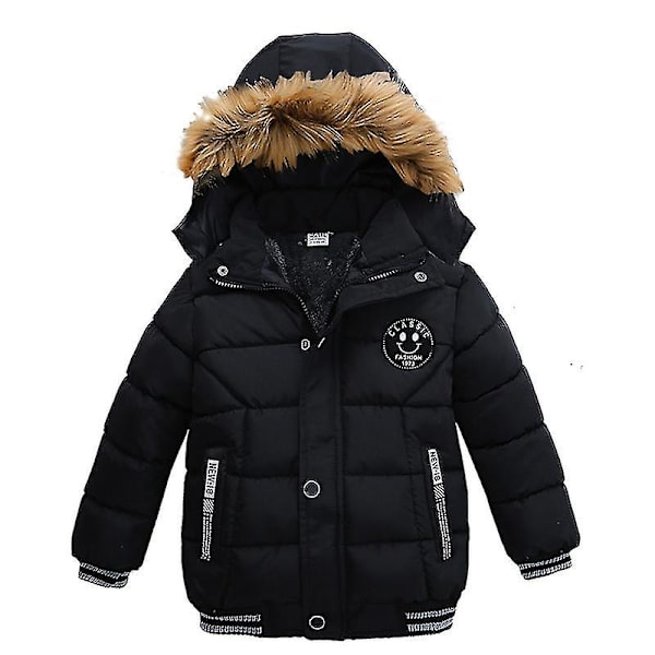 Hettejakke for barn Vinter Bomullsjakker Fuskepelskrage Overfrakker Black 130cm