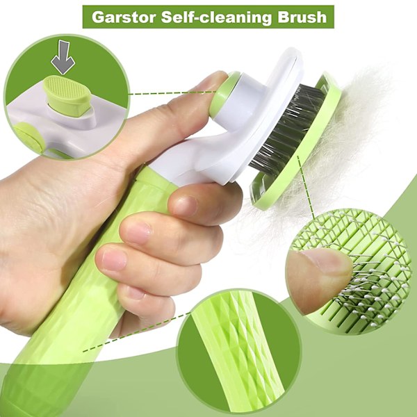 The Pet Slicker Brush, som rengör borsten med bara en beröring, är ett effektivt verktyg för att trimma husdjur och ta bort lösa hårstrån. Stor