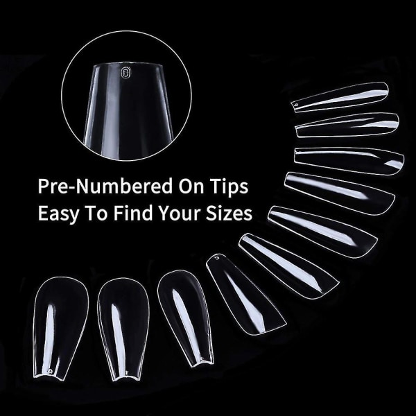 Långa falska naglar - genomskinliga akrylnaglar Kistformade ballerinanaglar tips 500 st cover konstgjorda naglar konstgjorda naglar med case kompatibel med nagel