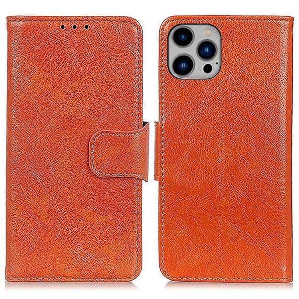 Kompatibelt För iPhone 15 Pro Delat Läder Telefonfodral Nappa Textur Stötsäkert Skal med Ställ Plånbok Orange