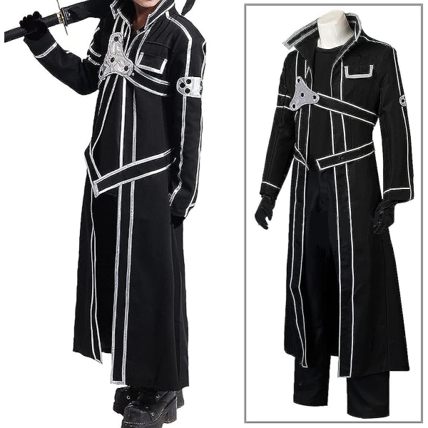 Anime Sao Kirito Cosplay Kostym för Män Svart Jacka Lång Kappa Kostym Komplett Set Halloween Outfit Med Peruk För Kvinnor XL