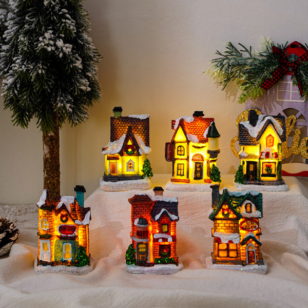 Juldekorationer harts Jul litet hus mikrolandskap lysande snöhus ornament julklappar style 20