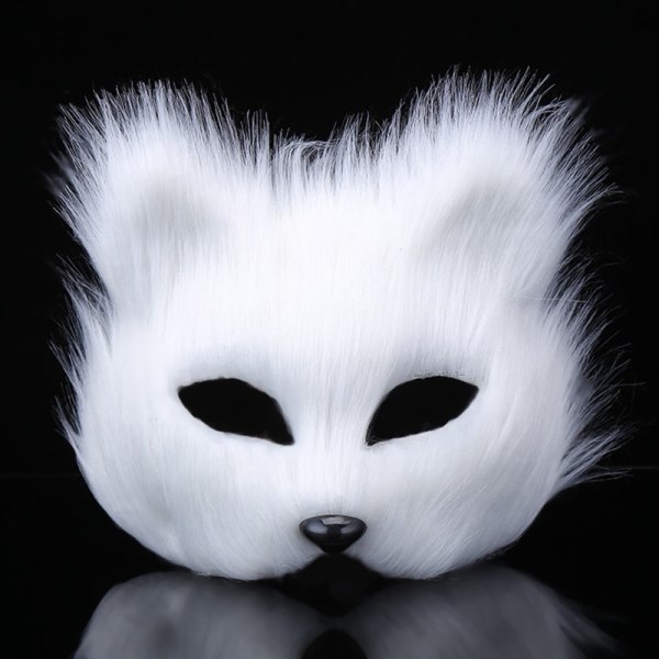 Furry Fox Mask Halv Ansikte Ögonlapp Cosplay Rekvisita Halloween Jul Karneval Party Djur Cosplay Mask Long-white