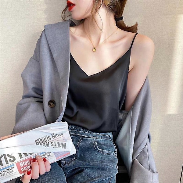 Sexy satengsilke løs tynn ytterbekledning for vår og sommer, camisole undertrøye, topp dame svart