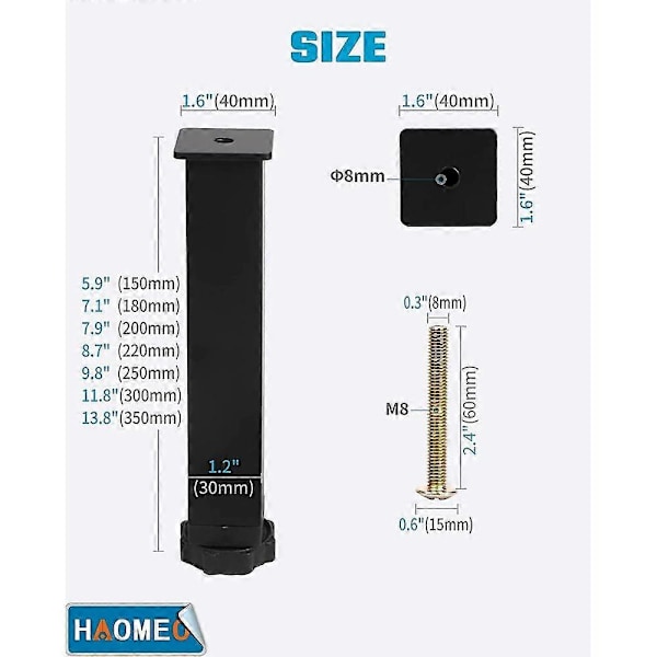 Metalliset ruuvattavat sängynjalat, universaalit huonekalujalat, säädettävä korkeus: 20cm(+2cm), neliö 3x3,5cm, 4kpl TJM
