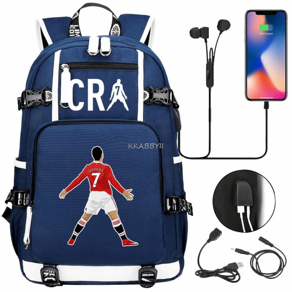 CR7 Tryckt Ryggsäck Pojkar Flickor Skolväska USB Resväska Blue