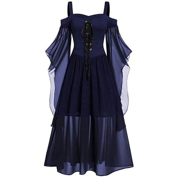 Halloween Middelalder Renæssance Cosplay Kostumer Hexe Gotisk Pirat Viking Vestidos Bandage Kjole Op Klædningsfest Julekjole Til Kvinder Navy Blue L