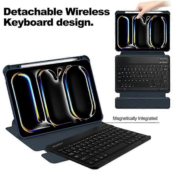 Yhteensopiva iPad Pro 11 (2024) Kotelo Nahka+Akryyli Jalustallinen Tablettisuoja Bluetooth-näppäimistöllä DarkBlue