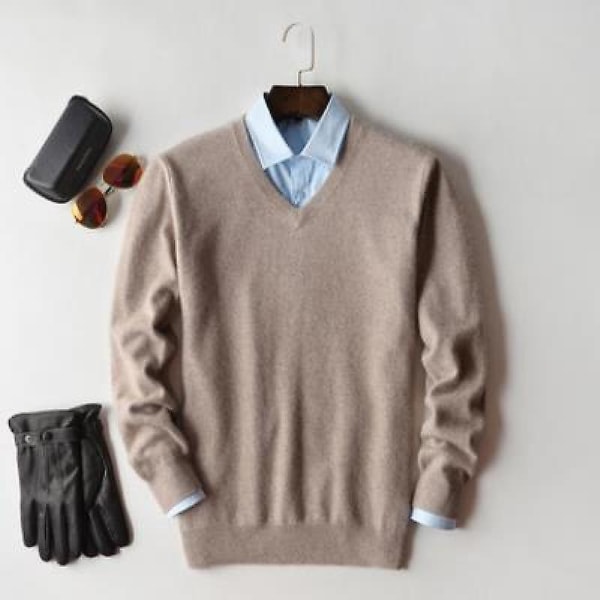 Herr Cashmere Tröja Höst Vinter Mjuk Varm Jersey Jumper Robe Hombre Pull Homme Hiver Pullover V-ringad O-ringad Stickade Tröjor Beige XL