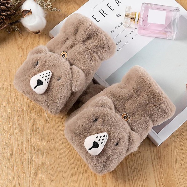 Plysj Bjørnepels Strikkede Hansker Hånd Flip Halv Finger Kjørehansker Vinter Myke Varme Tykke Hansker Jenter Khaki Bear Gloves