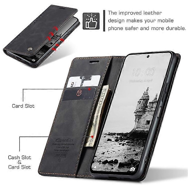 CASEME 013-serien Kompatibel med Xiaomi Redmi 13 5G / 13 4G / Redmi Note 13R 5G Deksel Kortholder Stativ Lær Telefondeksel Black
