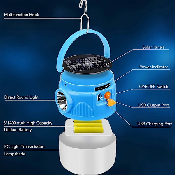 Uppladdningsbar Campinglampa, LED Solcellscampinglampa 1200 Lumen Sol-/USB-driven, Multifunktionell