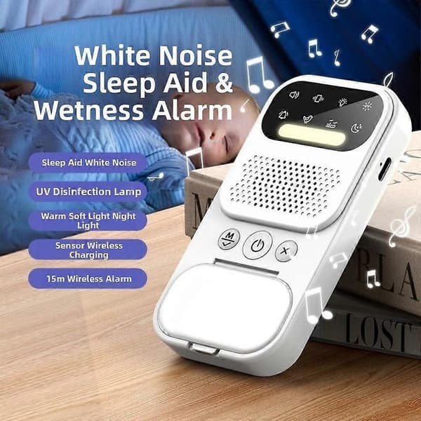 Multifunktionell sängvätning påminnelse enhet vitt brus UV-läge sängvätning larm stark vibration trådlös sensor White
