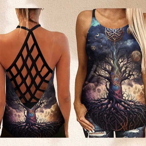 Naisten kesäinen hollow Out -hihaton Cross Cross Tank Top Muoti Tree of Life Abstrakti Print Y2k Top C XL