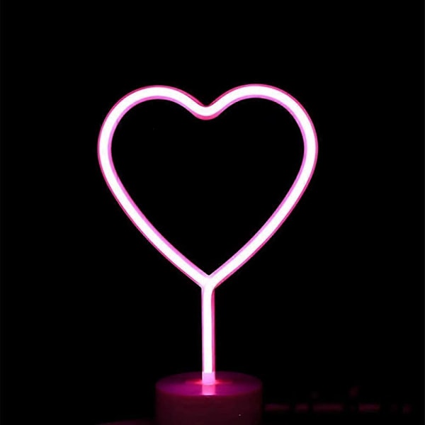 Hjärta Rosa LED Neonljusskyltar Nattlampa Konst Dekorativt Ställ Bas Bordslampa för Hem Barn Bröllop Jul Födelsedagsfest, USB eller Batteridriven