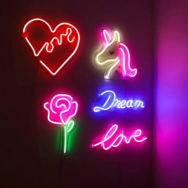 Isaac Jacobs 33 cm x 22 cm LED Neon Rosa Rose Blomst med Grønn Stilk Veggskilt For Kult Lys, Veggkunst, Juledekorasjon: Drevet av USB-kabel (ROSE)