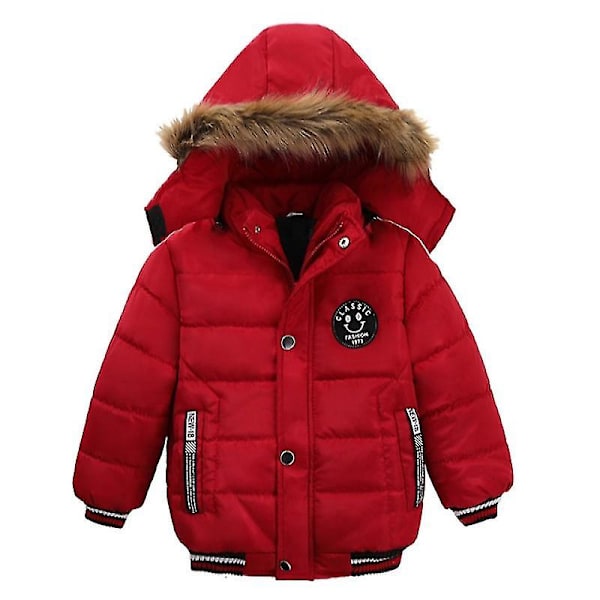 Hettejakke for barn Vinter Bomullsjakker Fuskepelskrage Overfrakker Red 110cm