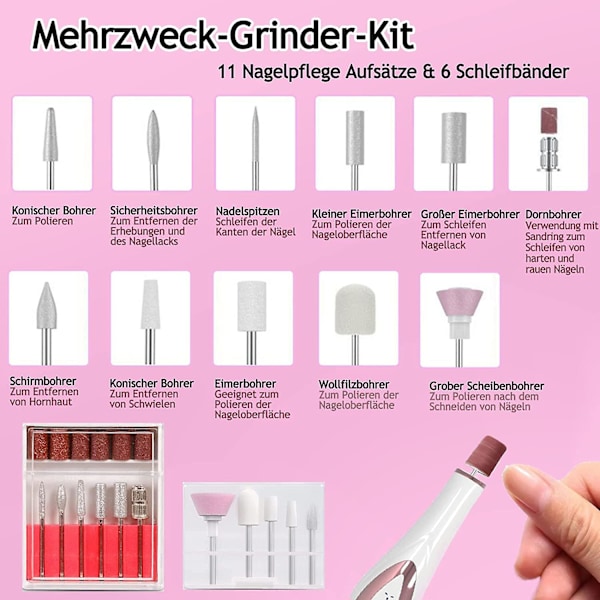 Neglefil Filepink, 11,9*2,6*2,7cm, 11 i 1 Profesjonell Elektrisk Neglefil Med LED-lys, Manikyr- og Pedikyrsett Trådløs Bærbar Neglefil