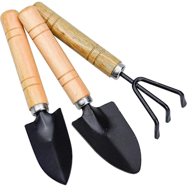 Mini Hageverktøy, Lite Rive- og Spadesett, Liten Spade, Rive og Plantespade med Trehåndtak for Potteplanter til Hageplanter Innendørs Utendørs, 3 stk