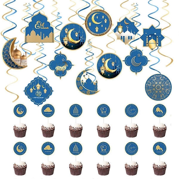Eid Ramadan -teemajuhlien spiraaliriipus, kuun ja tähden koristelu, kakkulippu Ramadan-juhlatarvikkeisiin