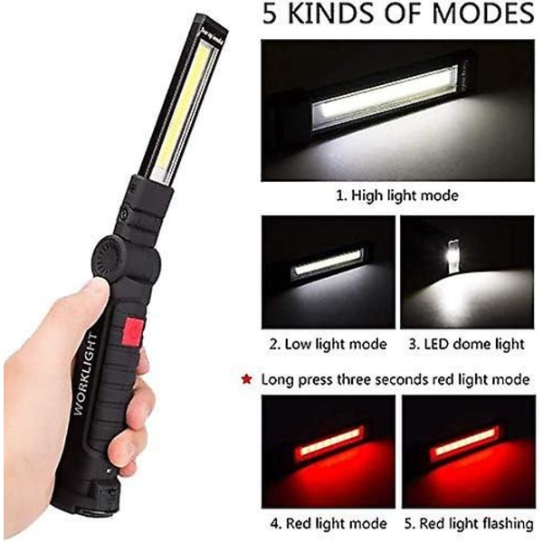 Genopladelig Arbejdslampe Værksteds Lampe Cob Lommelygte Med Magnetisk Base 5 Tilstande Hvidt/rødt Lys Campinglampe Til Garage, Camping, Nødsituationer, Etc