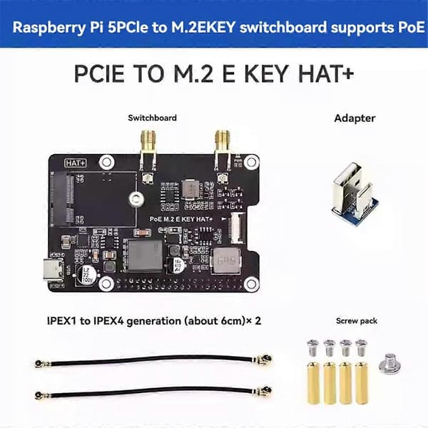 Waveshare for Raspberry Pi 5 PCIe til M.2 E KEY med PoE HAT+ Støtter NGFF Trådløst Nettverkskort/Blu