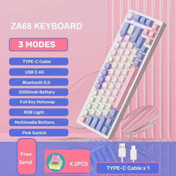 ZA68 Langaton Mekaaninen Peli-näppäimistö 2.4G Bluetooth TYPE-C Langallinen 3 Tilaa Hot Swap RGB Taustavalo 68 Näppäintä purple Three modes