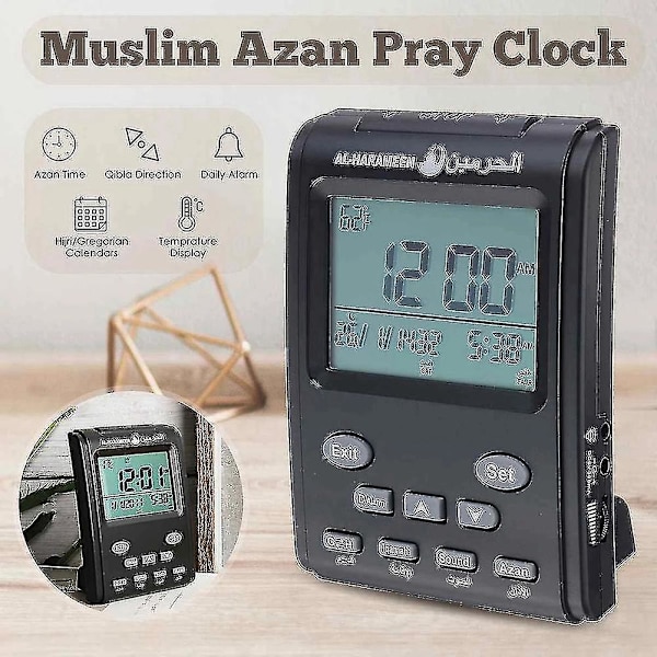 Digital Moské Islamisk Muslimsk Bön Azan Bordsklocka Kalender Alarm LCD-skärm