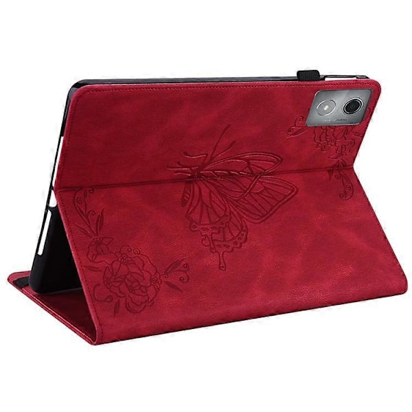 Kompatibelt Fodral för Lenovo Tab K11 Plus Fjäril Blomma Tryck PU Läder Tablet Skydd med Kortfack Red