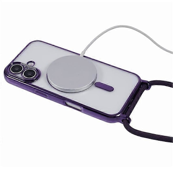 Kompatibelt skal för iPhone 16, kompatibelt med MagSafe, elektropläterad TPU-mobilskydd med långt snöre Purple