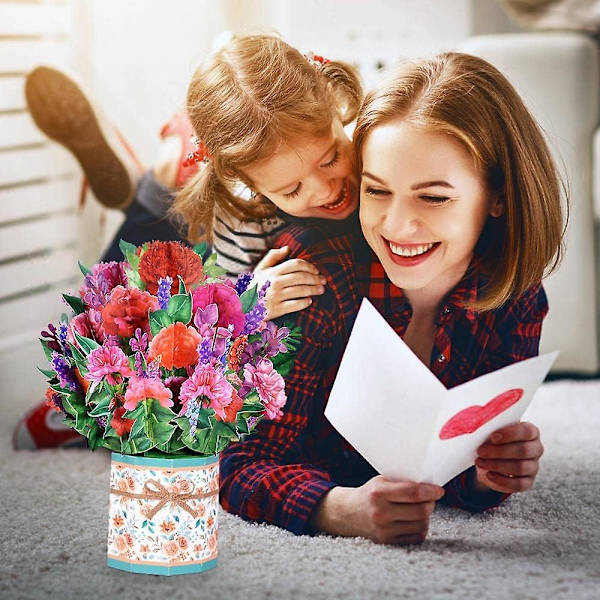 Håndlagde 3D Pop Up Blomster Gratulasjonskort, Nellikkbukettkort til henne med notatkort og konvolutt for alle anledninger, morsdag, jul, takk